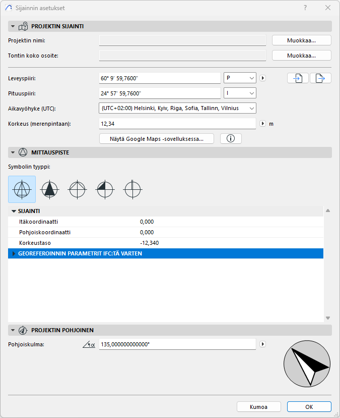 Archicad - Sijainnin asetukset