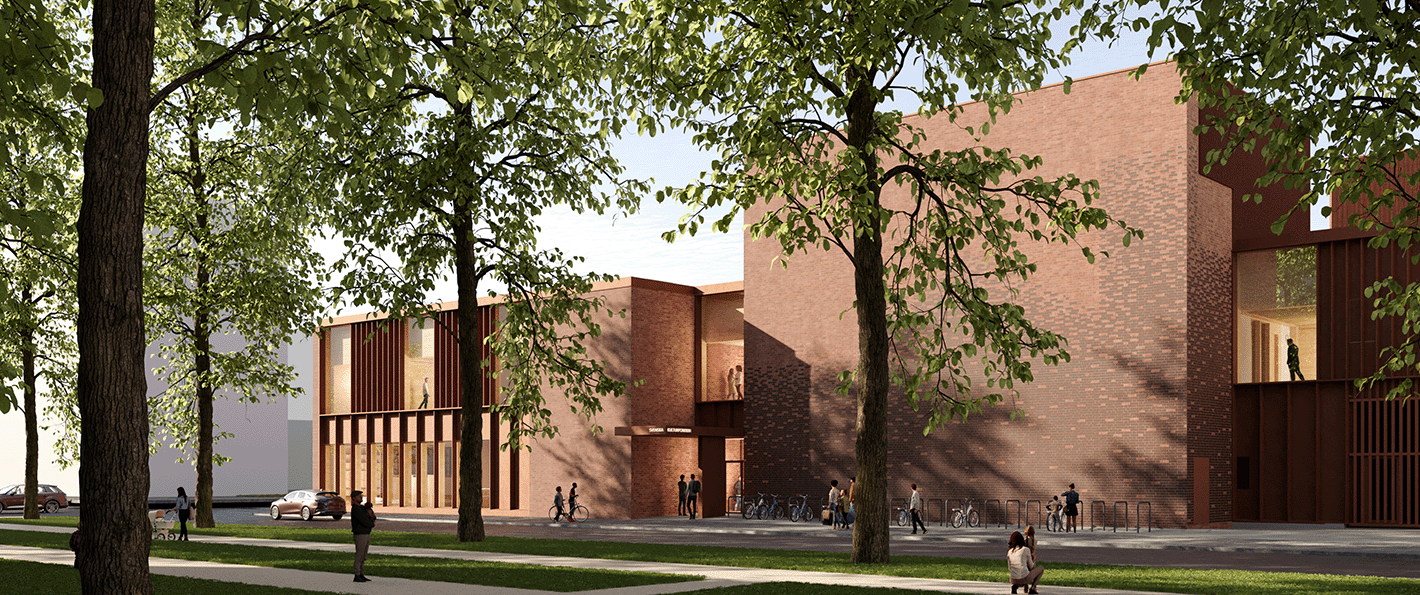 Fiini, a cultural center associated with the new school campus of Svenska Kulturfonden in Björneborg opens up to the Etäläpuisto park in Pori. © JKMM Architects
