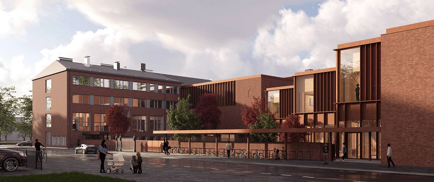 Recycled bricks are used in the structures in the SKiB campus courtyard.&nbsp; © JKMM Architects