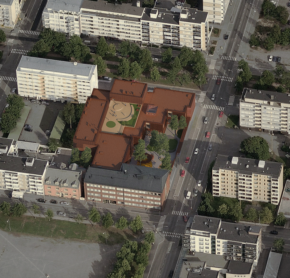 The SKiB campus from above. © JKMM Architects