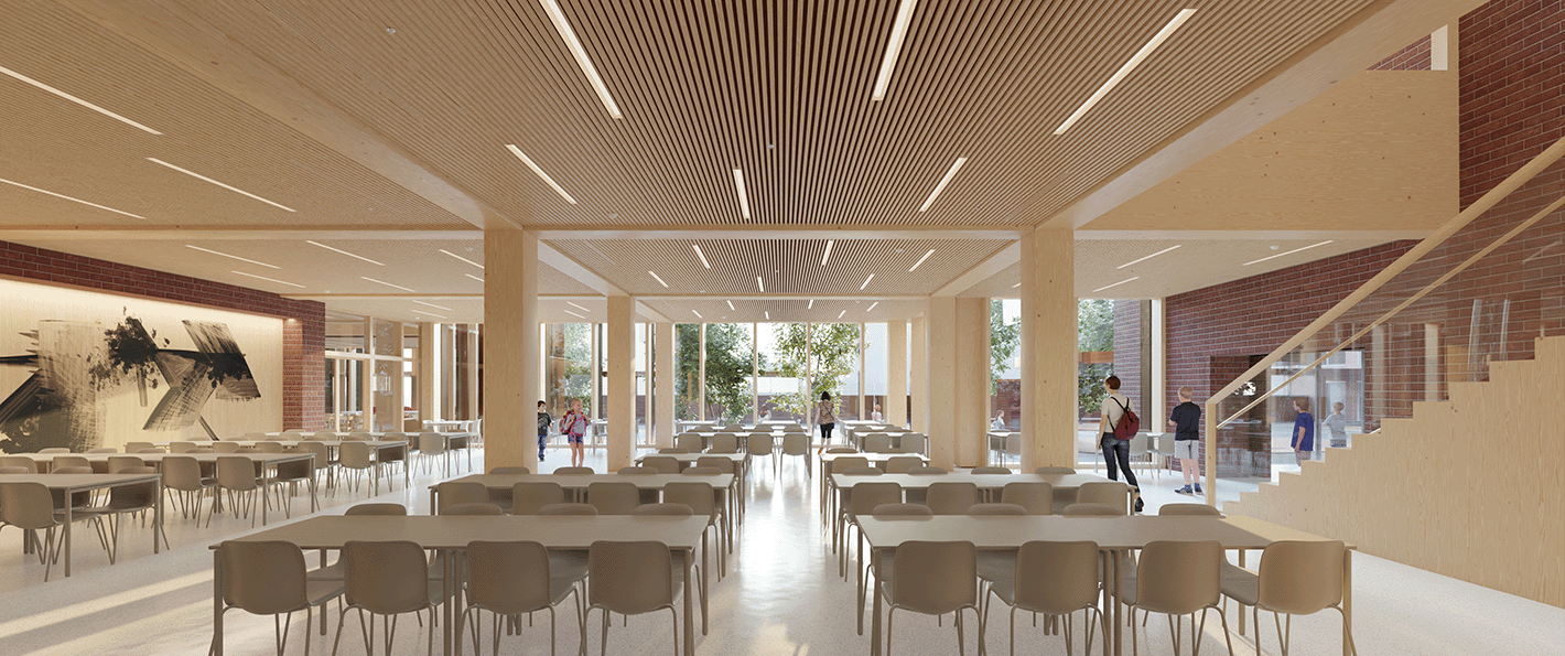The bright restaurant on the SKiB campus is built of wood and bricks. © JKMM Architects
