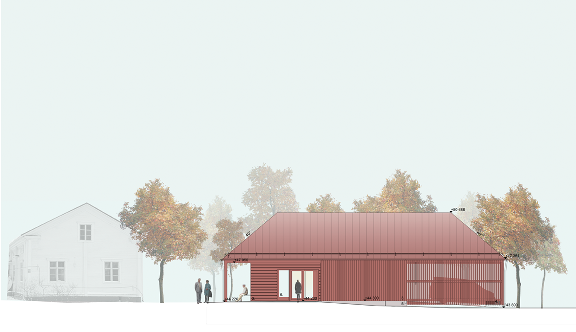 Coloured south elevation drawing of the Iltarusko chapel in Ilmajoki.