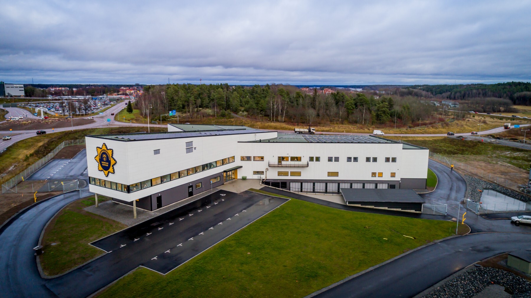 Aerial view of the completed Norrtälje Nya Brandstation fire station