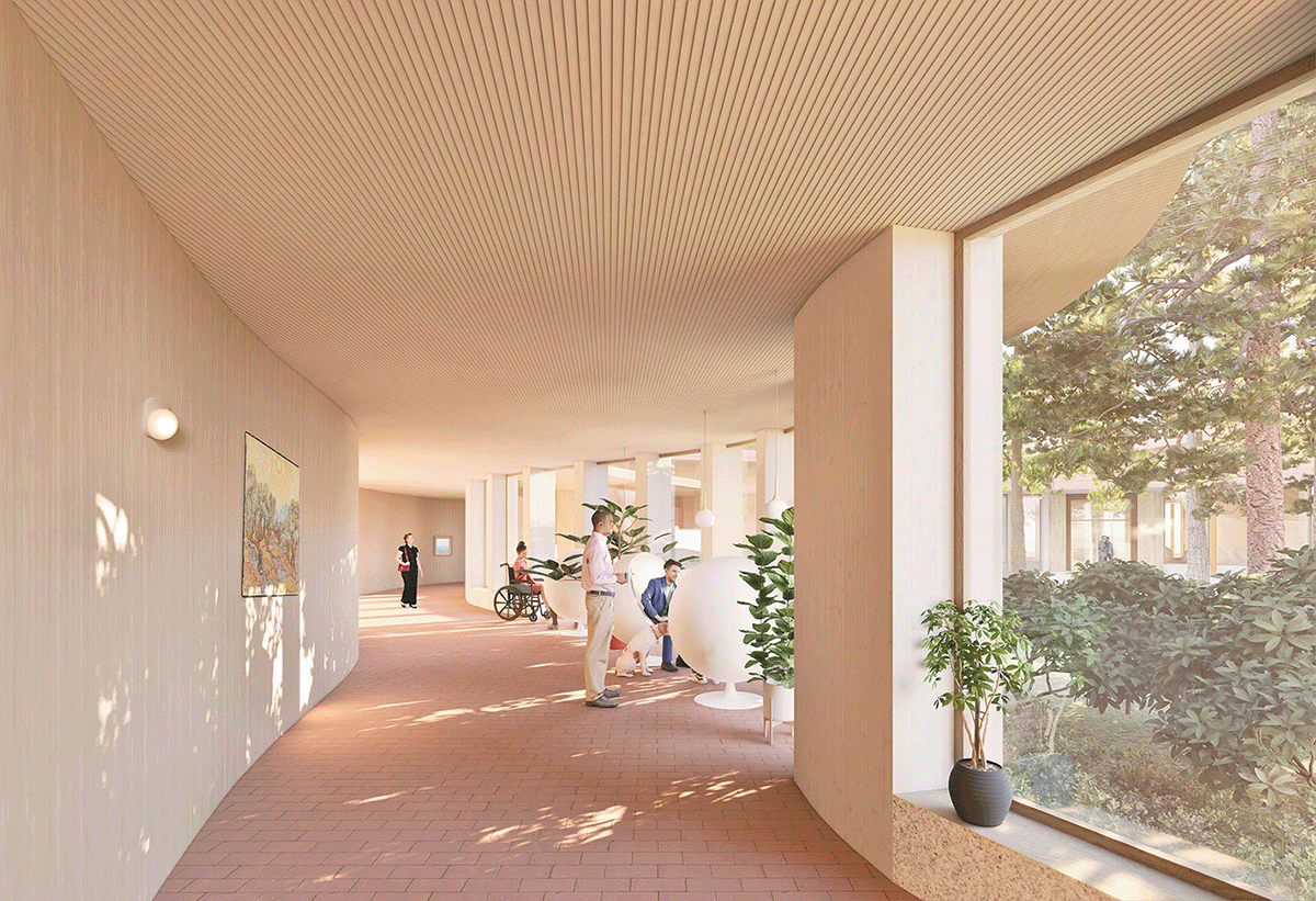 A lot of wood has been used in the shelter's meeting space.
