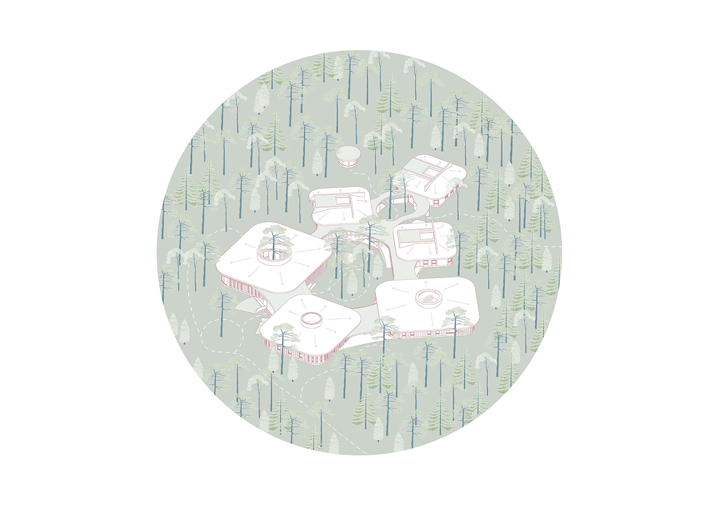 An axonometric view of the shelter Sofia designed. The shelter is made up of six equal-sided units with rounded corners and hipped roofs.