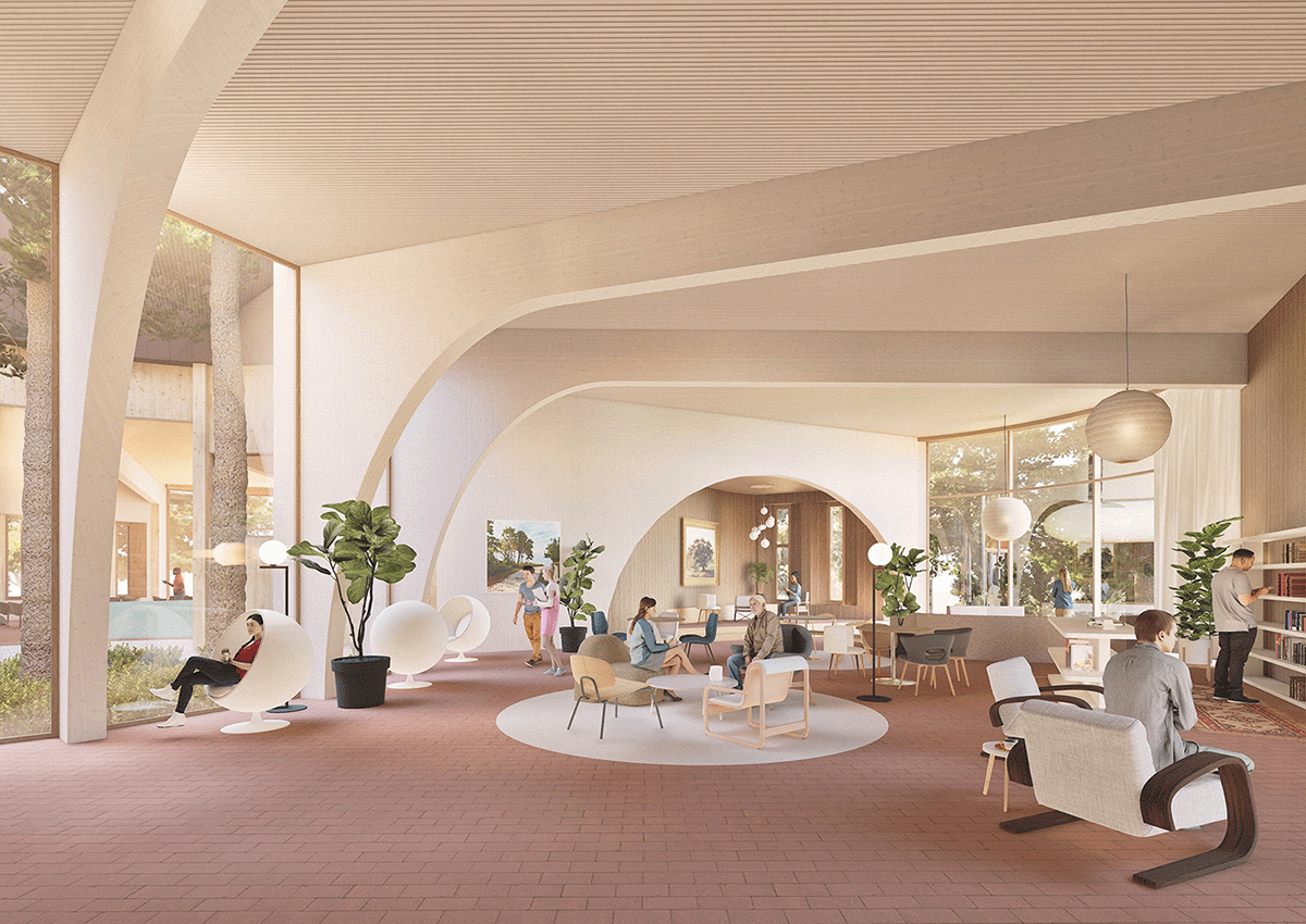 The shelter's living room has a strong connection to nature.