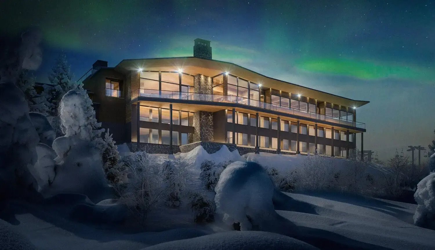 Hotel Iso-Syöte with Northern Lights in the background.