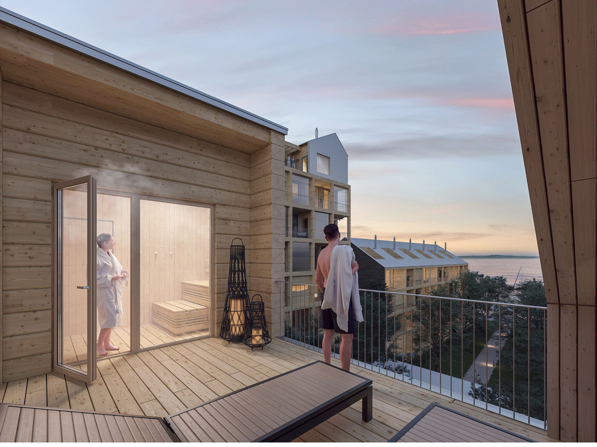 Et økologisk tømmerleilighetsbygg med balkongbadstue, arkitektur av Lukkaroinen Arkkitehdit.
