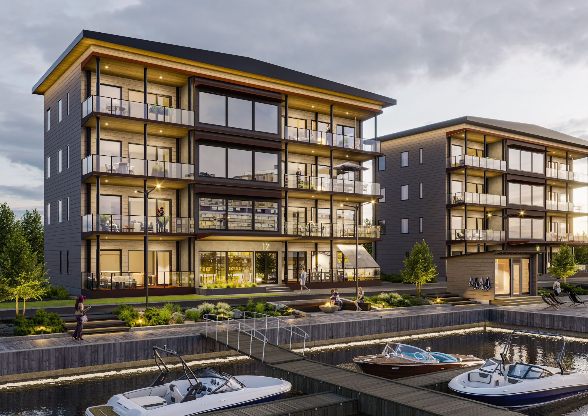 Et Kontio-tømmerleilighetsbygg i kveldslys.