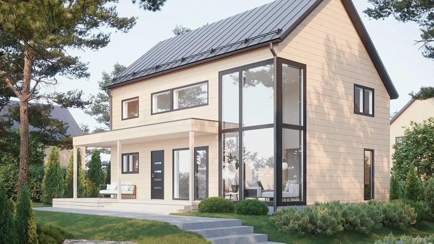 Utsidan av timmerstugan Honka Havu, designad av Honka.