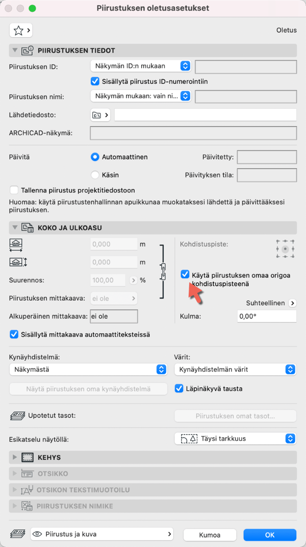 Piirustuksen oletusasetukset