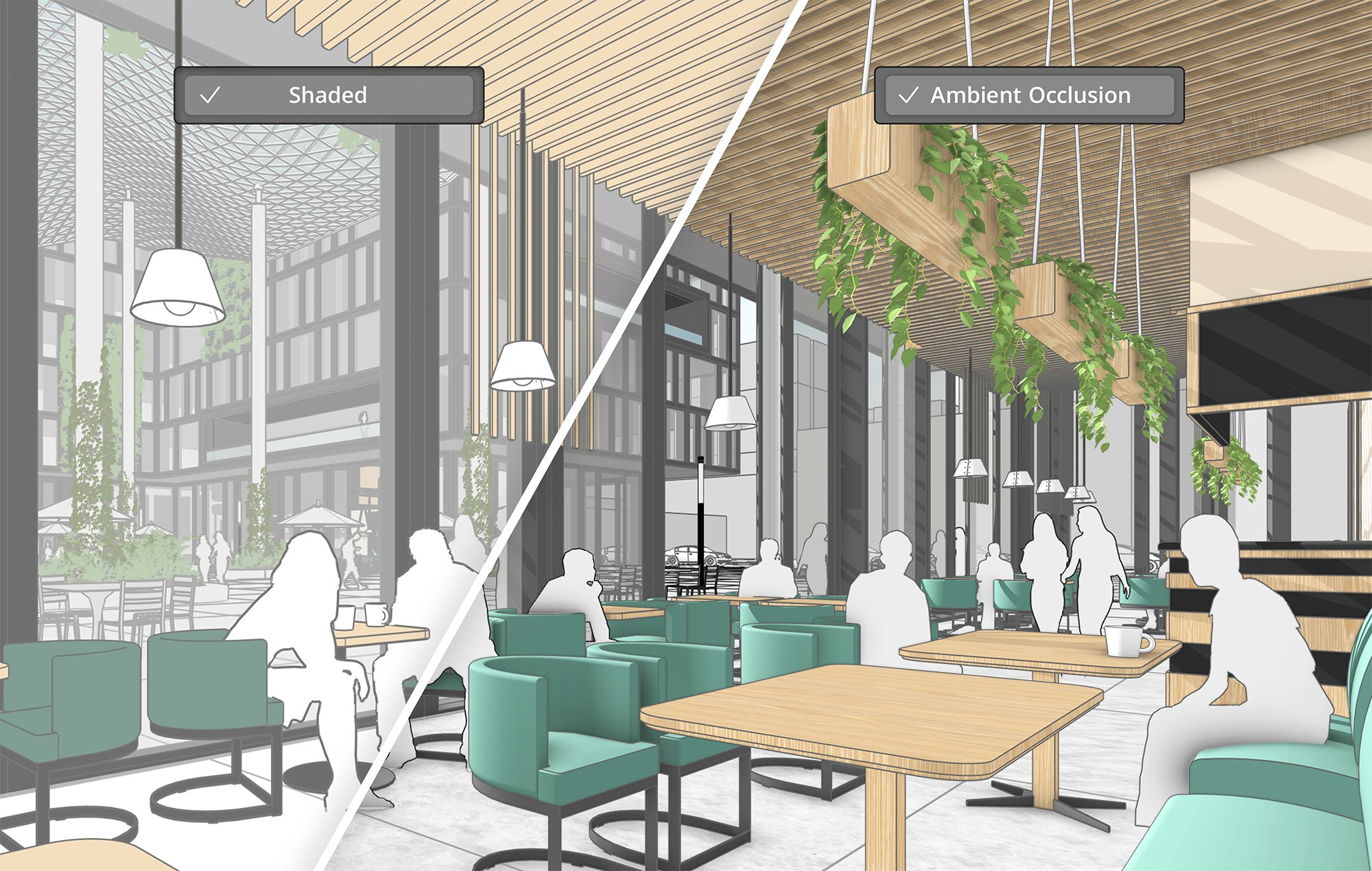 Jaetussa kuvassa näkyy vasemmalla SketchUp-näkymä ja oikealla sama näkymä Ambient Occlusion päällä