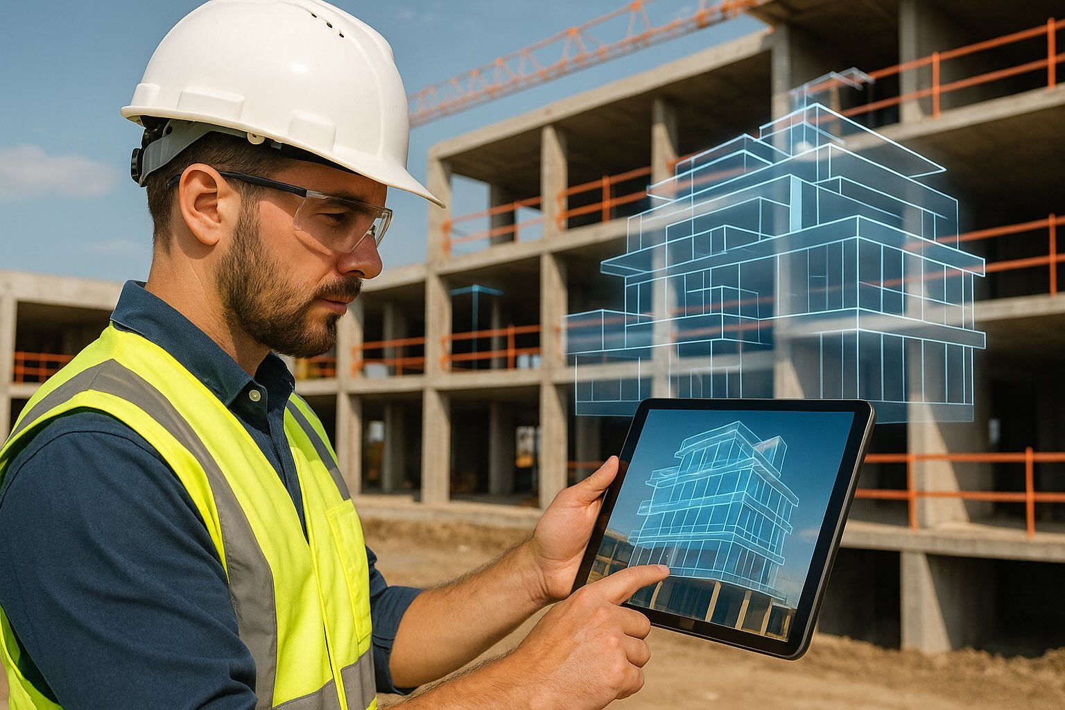 Byggeplass-ingeniør som bruker nettbrett til å vise BIM-modell i sanntid