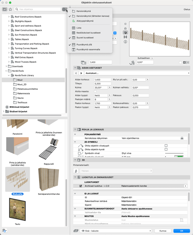 Objektin oletusasetukset