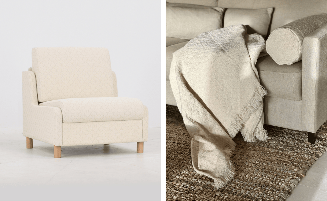 Daybed and cushion featuring the HELMI pattern with repeating rounded shapes.