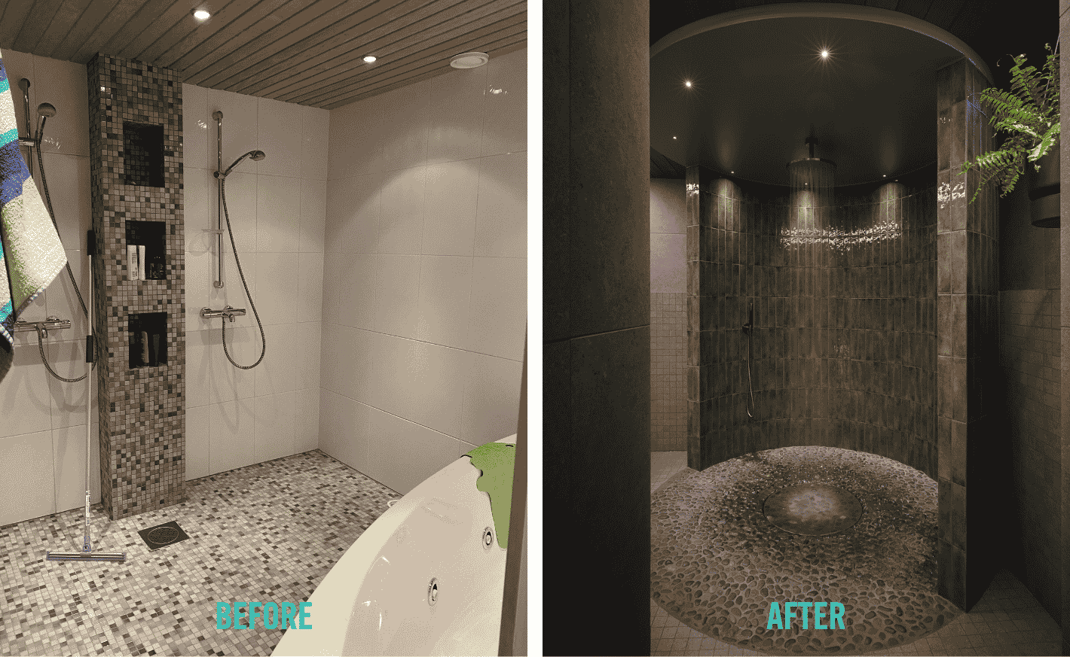 Round rainfall shower above a stone-look bathroom floor, designed by Minna Haapakoski.