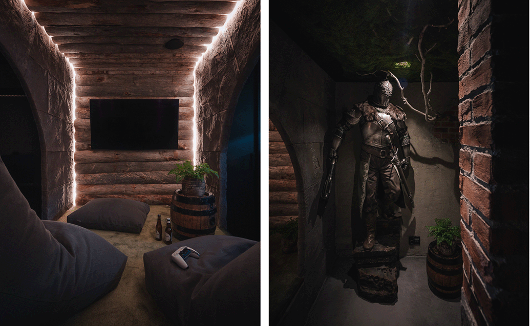 Hidden mirrored door inside a home office revealing a full-size collector armor piece.