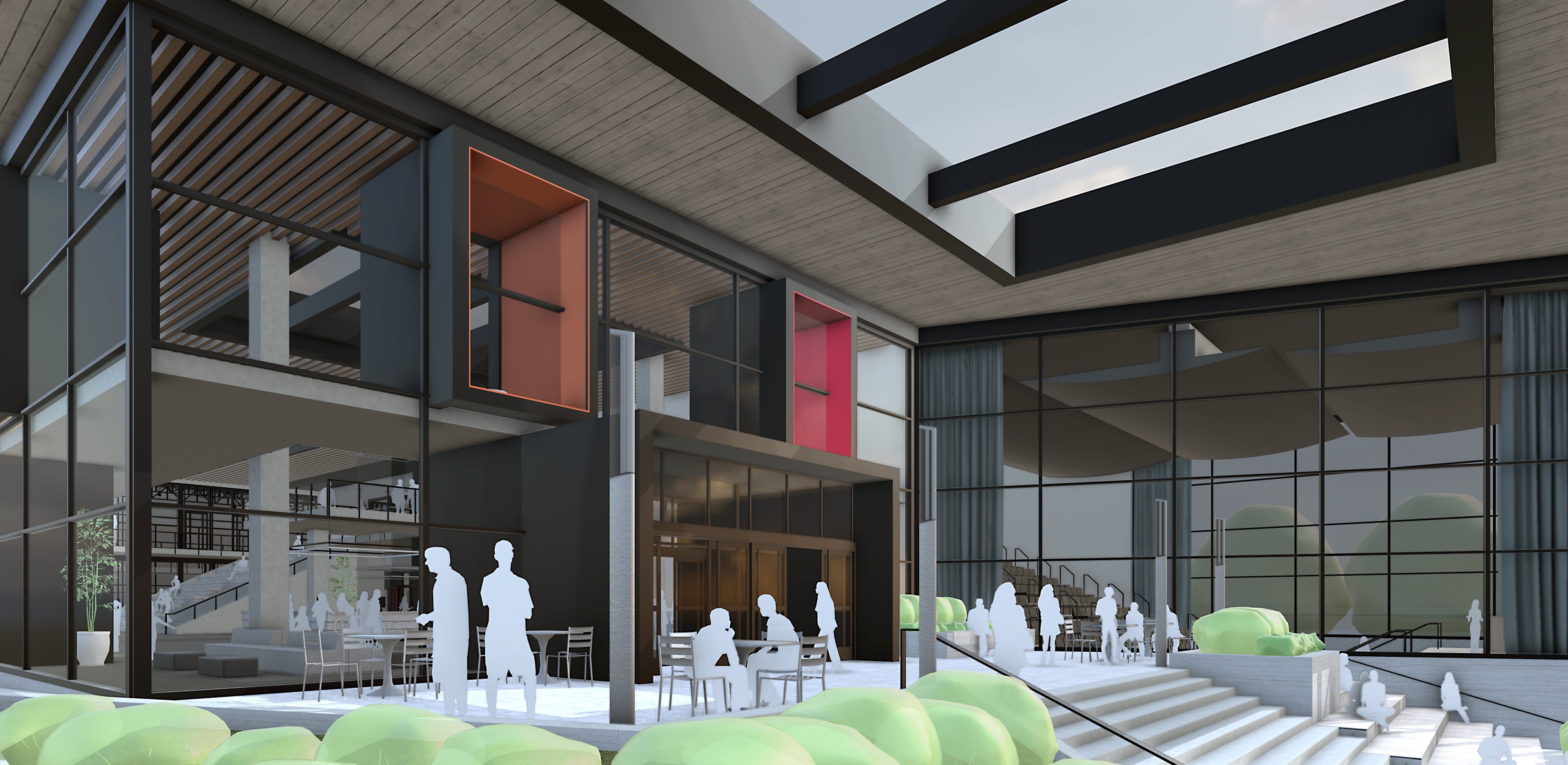 SketchUp model showing the exterior of a modern community center with large windowed walls and fi gures of people outside the building.
