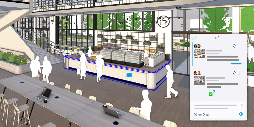 Screen capture of a SketchUp model highlighting the new in-app commenting feature with a panel showing comments.