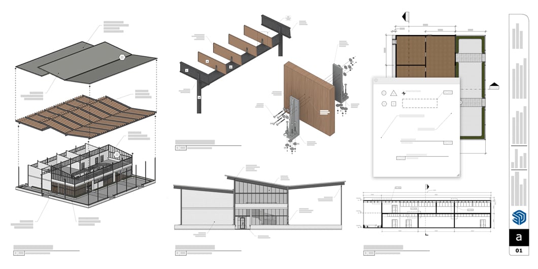 LayOut document showing exterior construction details, section cuts, the new scrapbook menu, and a sidebar of details.