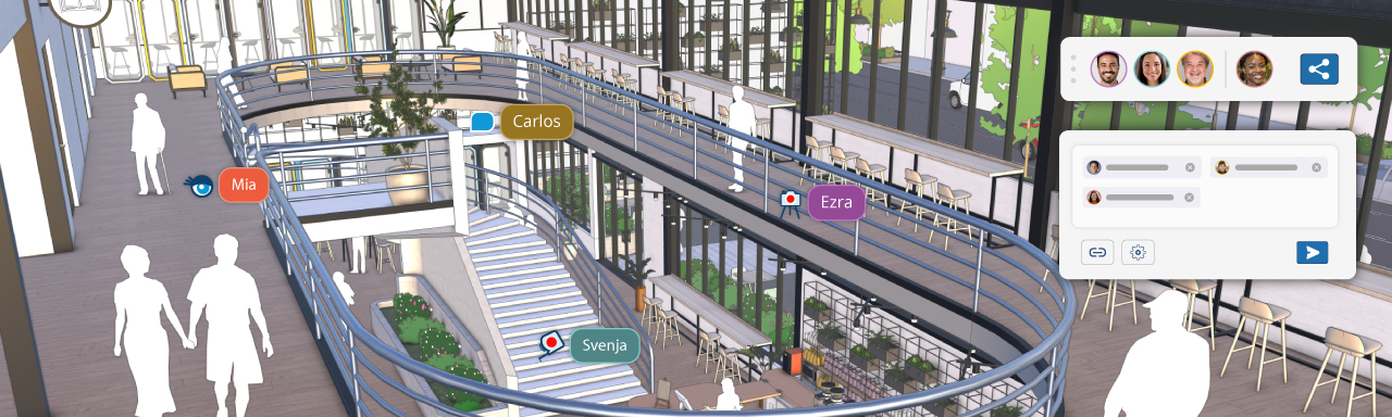 Screen capture of the latest SketchUp interface showing multiple users viewing a community space model at once, indicated by four faces in the collaboration bar and four icons hovering over the model.