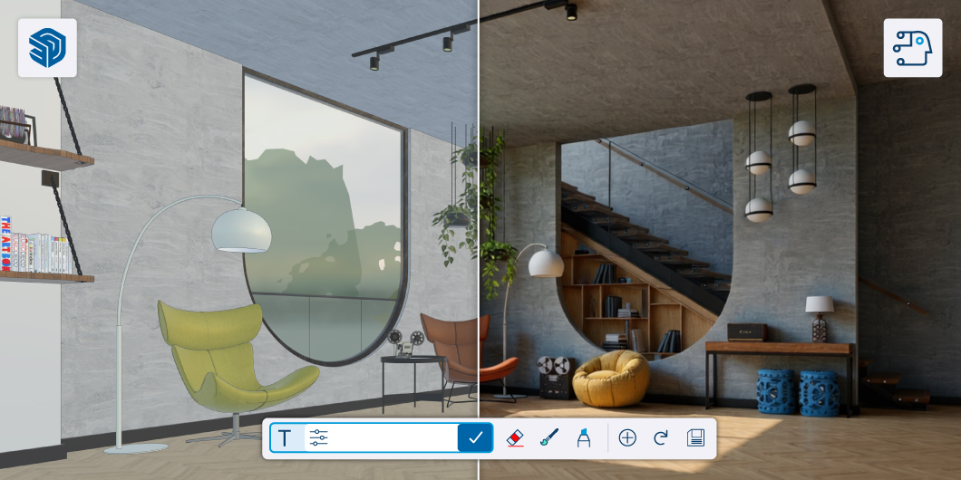 A residential living space with the drawing-style model on the left and a Diff usion render of the space on the right.