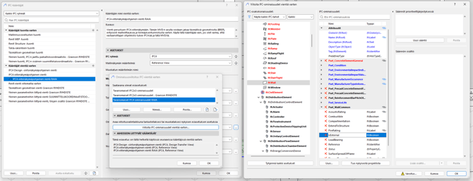 Archicad IFC-kääntäjän Ominaisuusviitoitus; huom, punaiset rivit tarkoittavat, että viitoituksessa on puuttuvia lähdetietoja, nämä tulee yleensä korjata