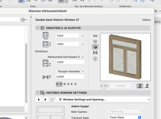 Ikkunan oletusasetukset: "Double Sash Historic Window 27" -ikkunaobjekti