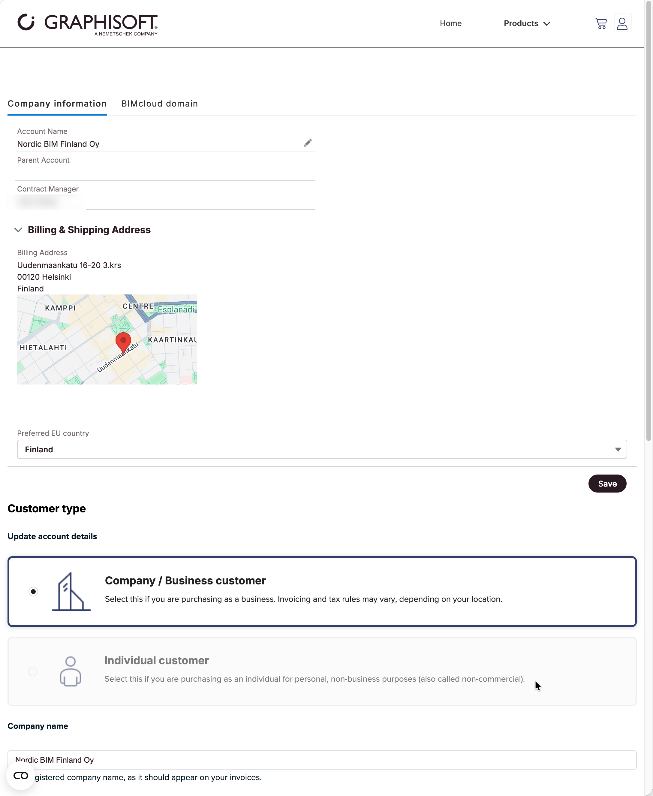 How to change the company name in the Graphisoft Store?