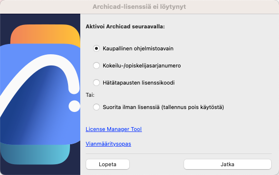 Archicad-lisenssiä ei löytynyt