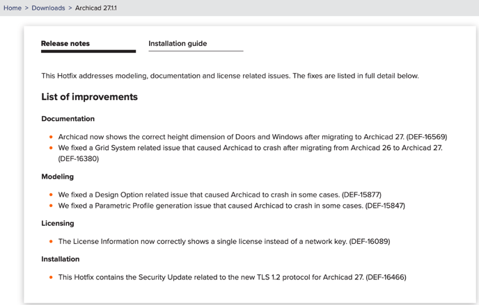 Archicad 27.1.1 -parannukset