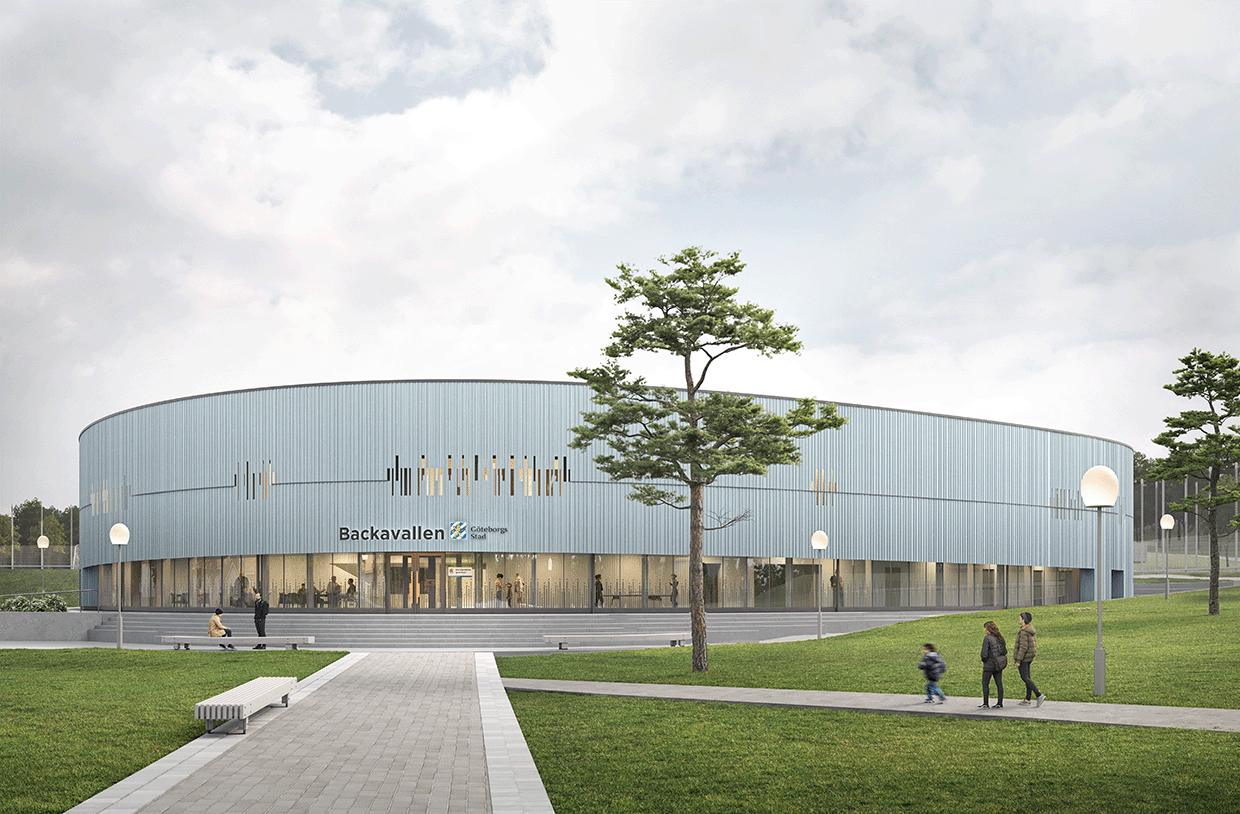 Illustration av Backavallens idrottsanläggning i Göteborg, D Office Arkitekter