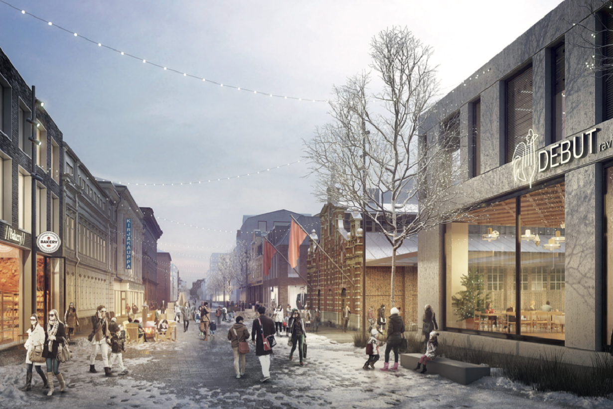 Turku 2050 – Turun pisimmästä kadusta, Linnankadusta, visioidaan elävää kävely- ja tapahtumaympäristöä. © Lundén Architecture Company