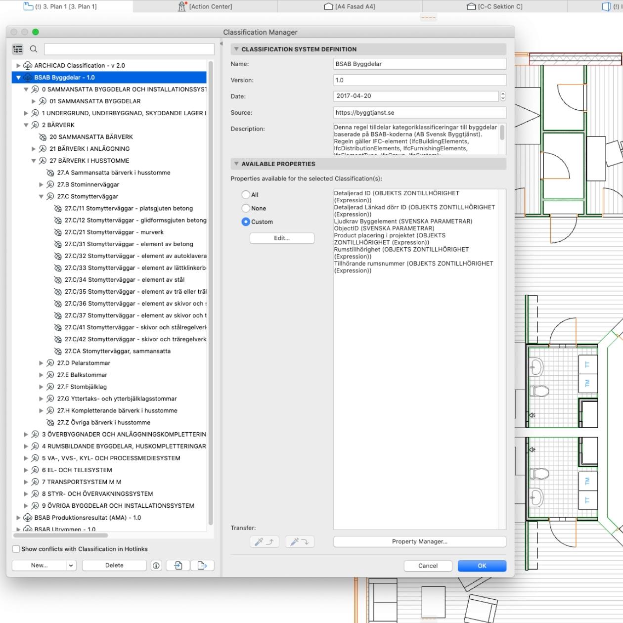 Svenskanpassningen Archicad Klassificeringar